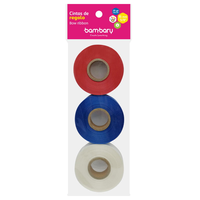 Cinta de Regalo 15 mm x 25 yd A/S 3 Und Primarios Cinta de Regalo 15 mm x 25 yd A/S 3 Und Primarios