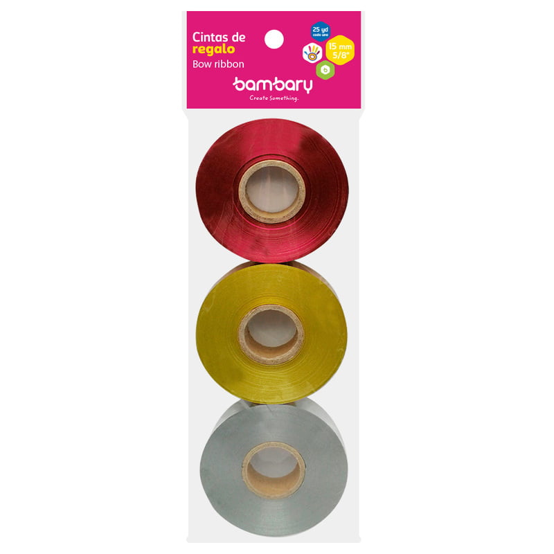 Cinta de Regalo 15 mm x 25 yd A/S 3 Und Metalizada Multicolor Cinta de Regalo 15 mm x 25 yd A/S 3 Und Metalizada Multicolor